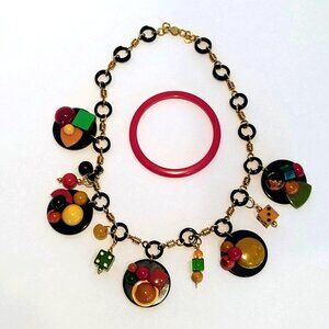 Vtg Repurposed Bakelite Charm Necklace w/Dice Multicolored & Red Bangle Bracelet